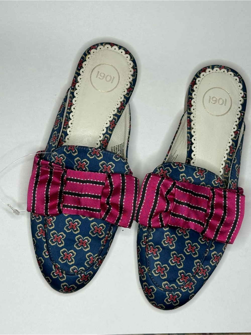 1901 Navy Floral Slip-On Mules with Pink Striped Bow